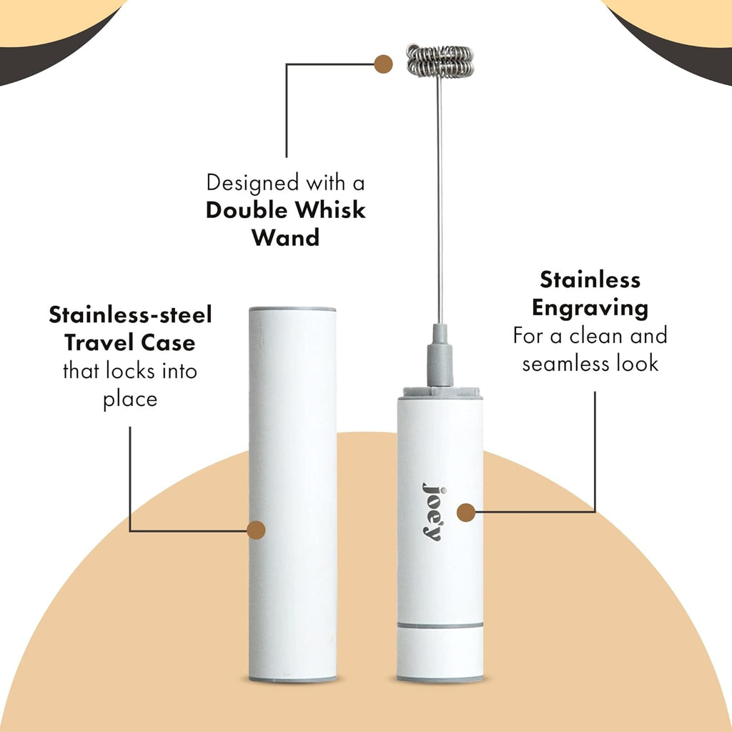 Joe’y High-Grade Milk Frother, USB-Powered Handheld Whisk for Coffee, Lattes, Matcha, Hot Chocolate, Dual-Speed Stainless Steel Frothing Wand with Travel Case, Double-Whisk, White