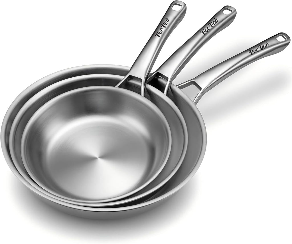 Tri-Ply Stainless Steel Frying Pans Set,PFOA&PTFE Free Skillets,Chef's Pan Set(8+10+12inch) Frying Pans for cooking,Induction Cookware Sets,Dishwasher and Oven Safe Kitchen set