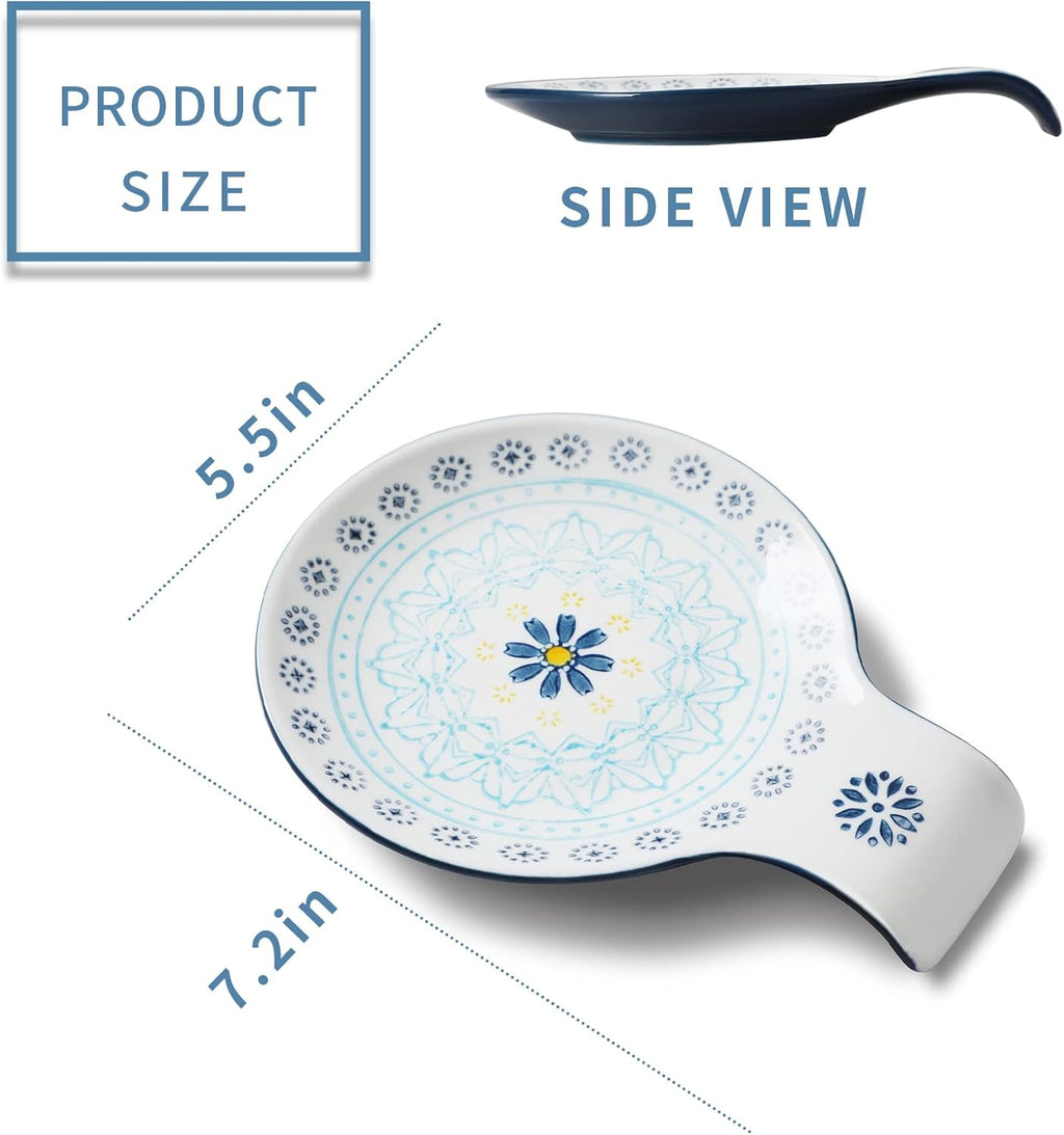 Hand Painted Spoon Rest, 5.5" Ceramic Spoon Holder for Stove Top and Kitchen Counter, Blue Pattern Utensil Rest, Great Cooking Gifts for Friends, Modern Kitchen Decorative