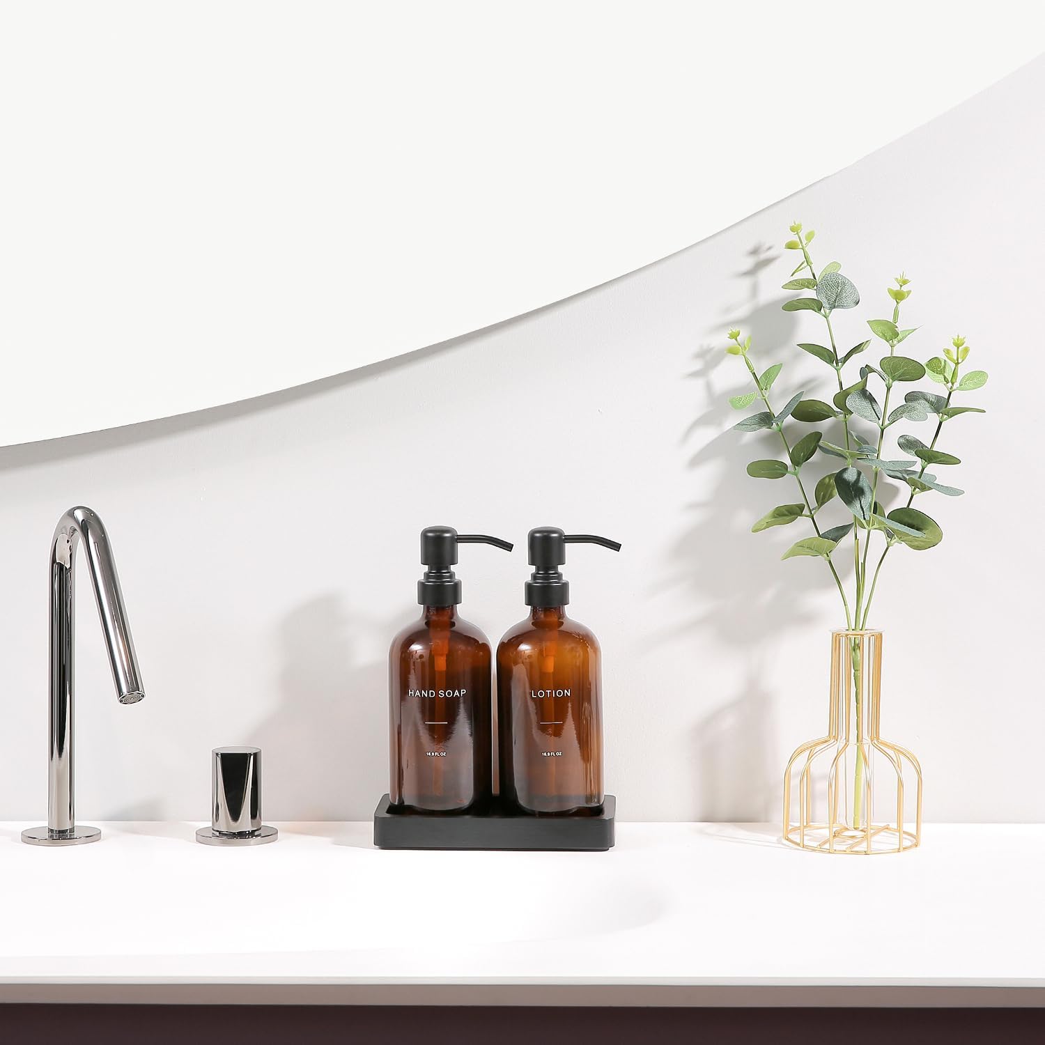 Amber Glass Soap Dispenser Set, Hand Soap and Lotion Set with Black Stainless Steel Pump, Perfect for Modern Bathroom Decor. (Amber)
