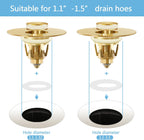 Gold Bathroom Sink Stopper，Pop Up Drain Stopper for Bathroom Sink，‎2-in-1 Sink Stopper & Strainer,Universal Wash Basin Sink Stopper，Suitable for 1.1"~1.5" Bathroom Sink Drain Pipe（Gold Matte Brushed）