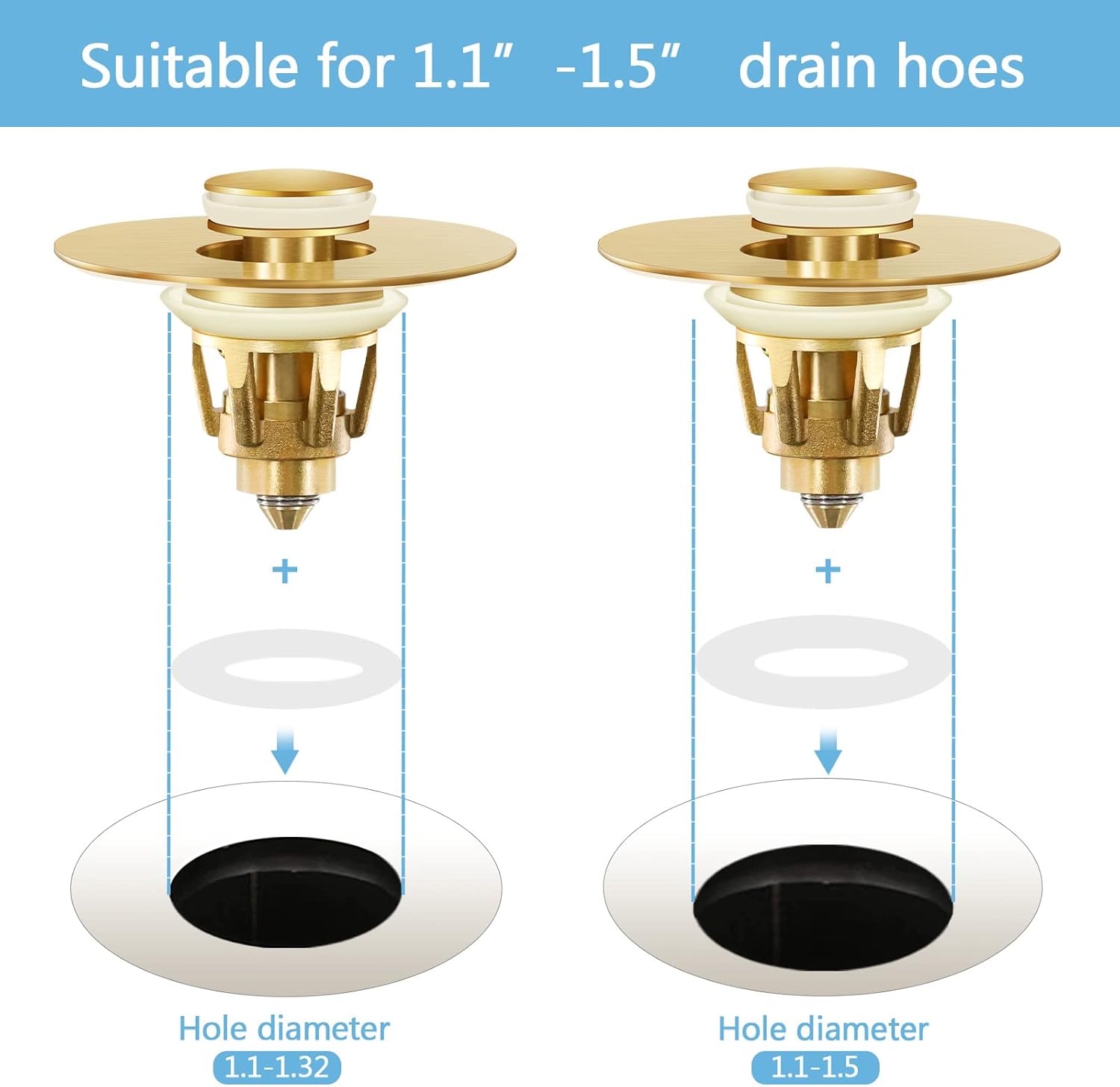 Gold Bathroom Sink Stopper，Pop Up Drain Stopper for Bathroom Sink，‎2-in-1 Sink Stopper & Strainer,Universal Wash Basin Sink Stopper，Suitable for 1.1"~1.5" Bathroom Sink Drain Pipe（Gold Matte Brushed）