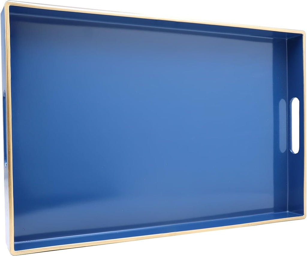 Spsyrine Blue Decorative Serving Tray with Handles, Elegant Plastic Coffee Table Tray for Ottoman, Living Room, Home Decor 15.6" X 10.2"
