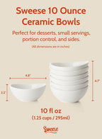 Sweese Porcelain Bowls Set - 6 Pack, 5 Inch, 10 oz for Desserts, Soup, Rice, Microwave Dishwasher Safe, White