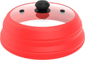 Microwave Splatter Cover Vented Glass Splatter Guard Lid with Collapsible Silicone for Food as Pot Cover Plate 10.8 inch for 6 7 8 9 10 inch Plate Bowl Red