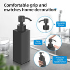 Black Soap Dispenser, Matte Black Stainless Steel, Rust-Proof Liquid Hand Dish Dispenser for Bathroom & Kitchen, 8.5 Oz Refillable Countertop Lotion Bottle (Square)