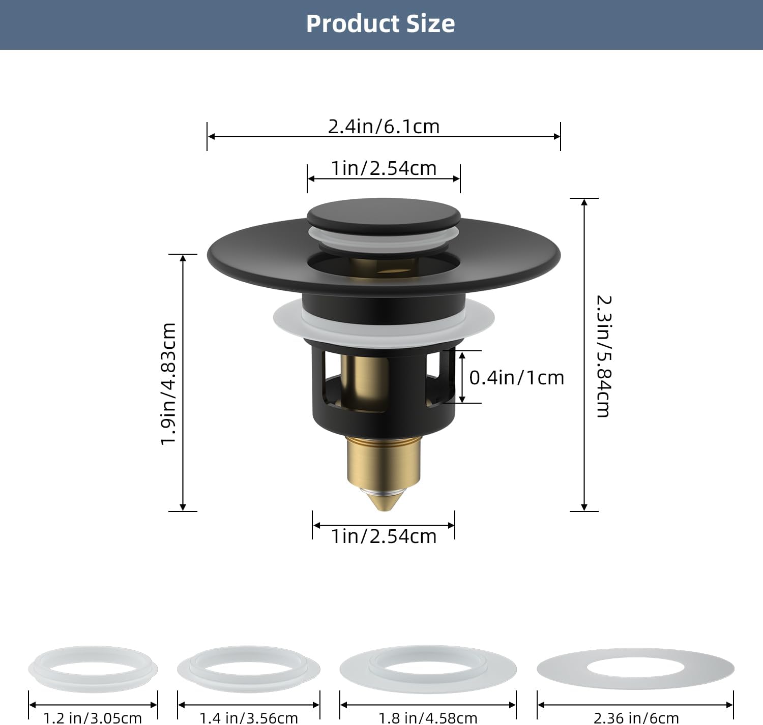 Hibbent 2 Pack All Metal Universal Bathroom Sink Stopper for 1.1''~2.3'' Basin, Pop Up Sink Drain Strainer, Brass Bullet Core Push Type Stopper, Stainless Steel Anti Clogging Drain Filter, Matte Black