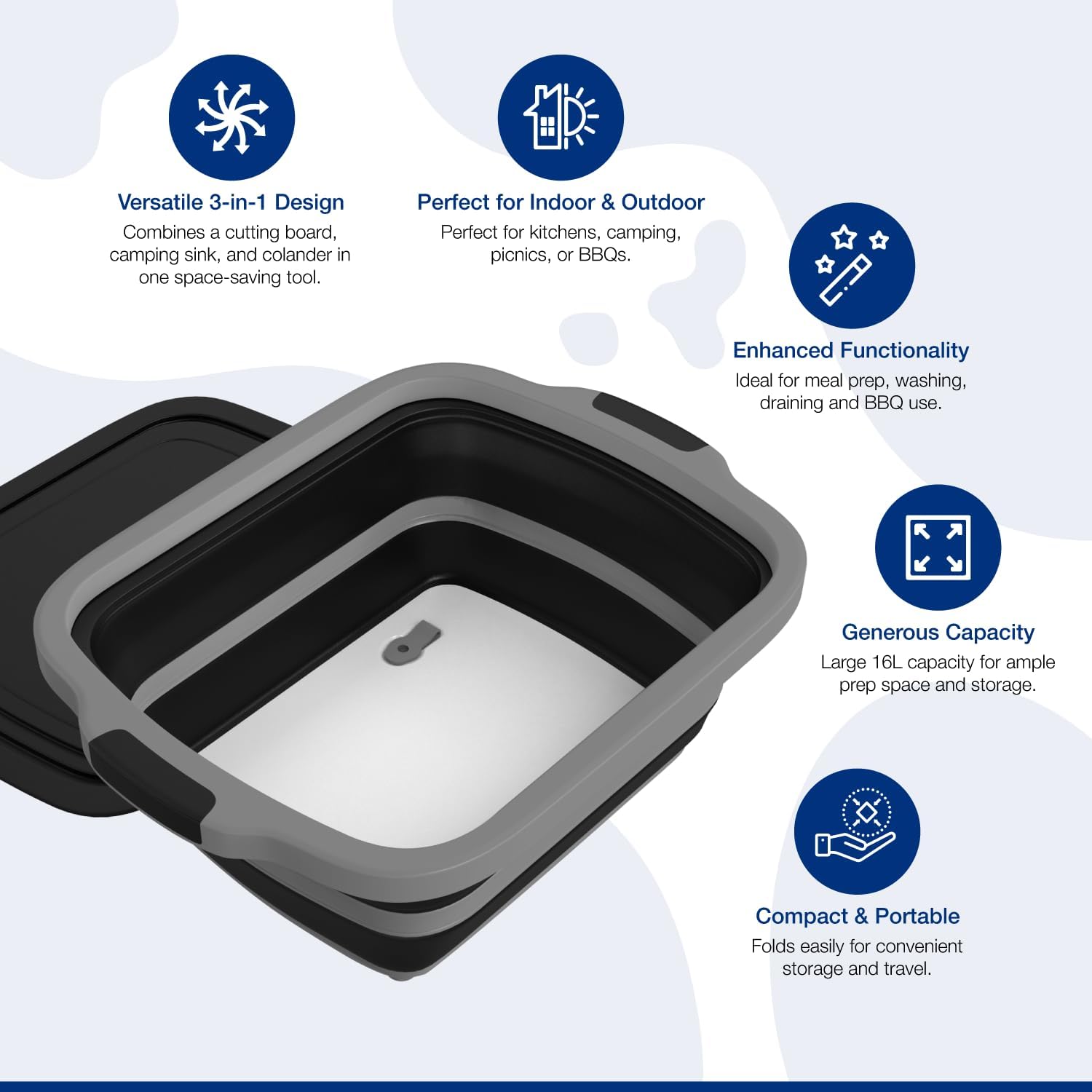 2-Pack XL Collapsible BBQ Prep Tub with Built-In Cutting Board, Lid & Strainer – Marinate, Drain & Prep – Large Food-Safe Container – Perfect for Grilling, Smoking & Outdoor Cooking (Black)