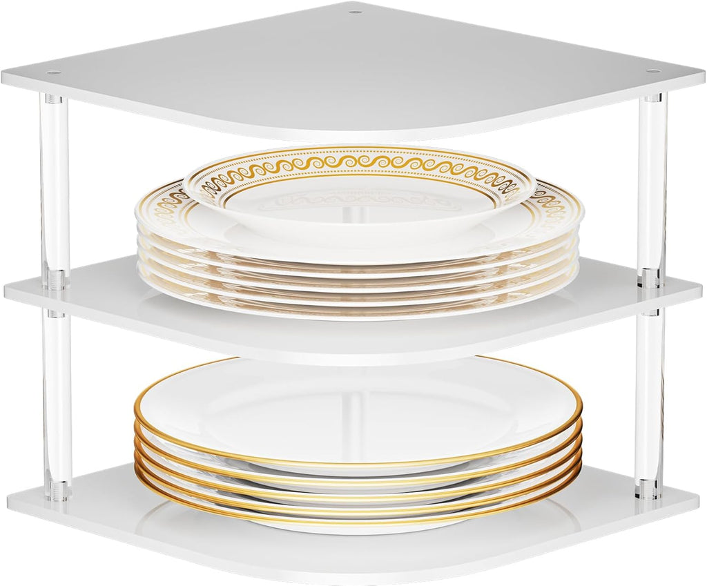 Plate Organizer for Cabinet Space Saver - Acrylic Corner Shelf for Dishes, Bowls, 3-Tier Kitchen Countertop Cabinet Organization, Dinner Plates Holder, and Small Shelf for Bathroom Storage - White