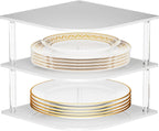 Plate Organizer for Cabinet Space Saver - Acrylic Corner Shelf for Dishes, Bowls, 3-Tier Kitchen Countertop Cabinet Organization, Dinner Plates Holder, and Small Shelf for Bathroom Storage - White