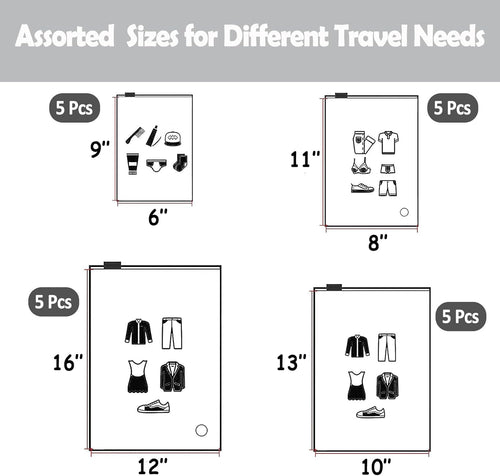 (20 pcs Value Pack) Travel Luggage Organizer Bags, Assorted Sizes, 4Mil Resealable Slider Zip Plastic Clothing Packaging, Frosted Travel/Home Storage and organizing Pouches, Space Saver Bag