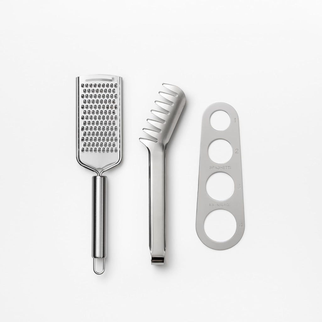 Printworks The Essentials, Pasta Tools – Pasta Kit with Spaghetti Tong, Spaghetti Measurer & Grater in Bright Blue Book-Style Case