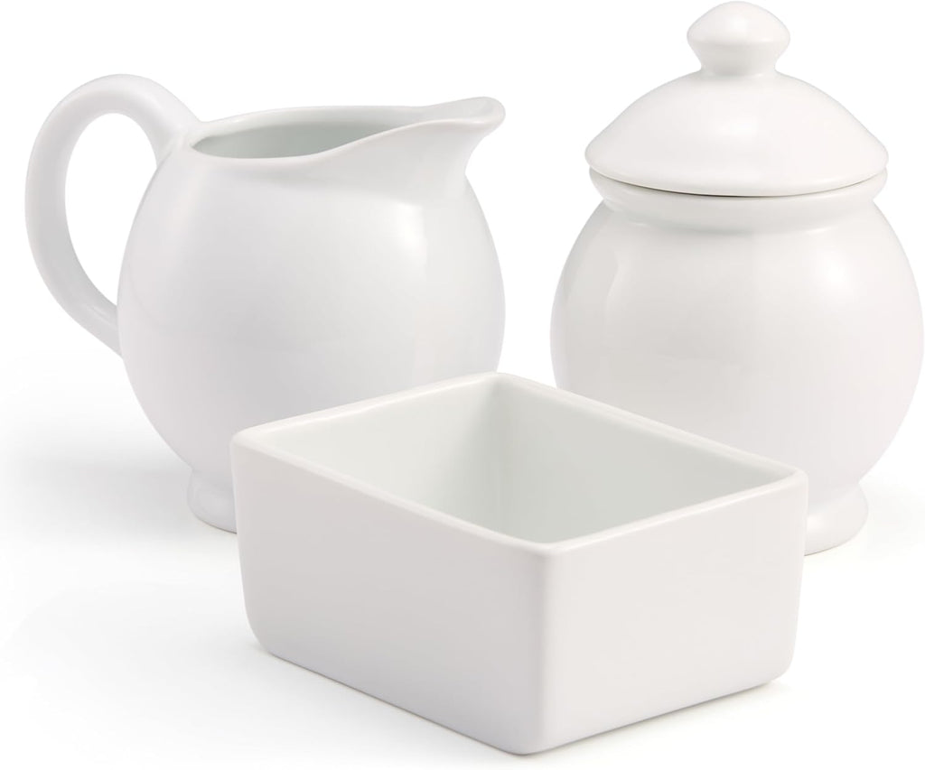 KooK Sugar and Creamer Set, 3 Piece, Pitcher, Sugar Bowl with Lid and Spoon, Sweetener Holder, White (Vintage Design)