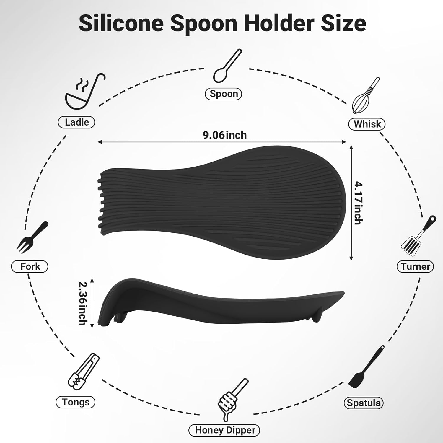 Heat Resistant Silicone Spoon Rest, Non-Slip Spoon Holder for Kitchen Counter, Silicone Spoon Rest for Stove Top for Spoons, Spatulas, Ladles, Tongs (Black)