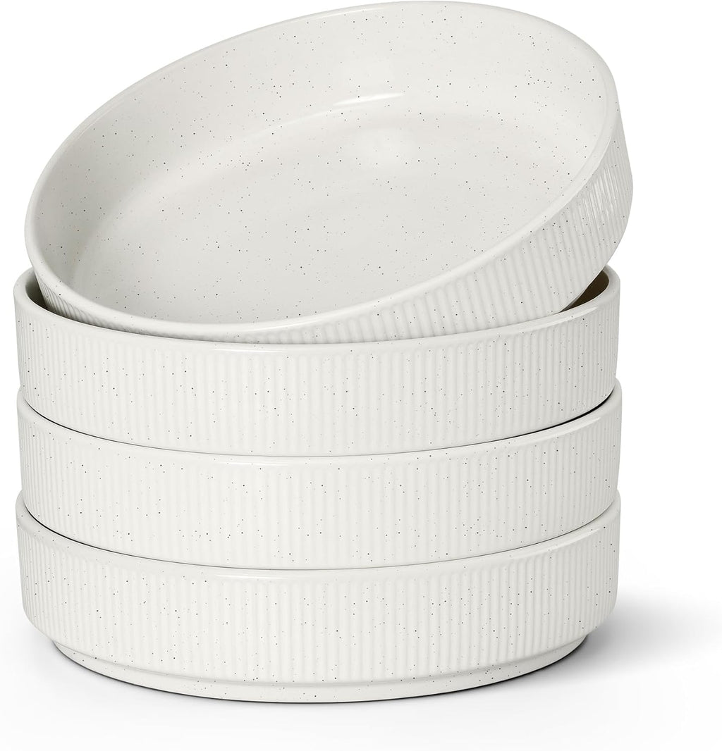 E-far Pasta Bowls Set of 4, 35oz Large Salad Bowl Plate for Dinner Serving Soup, Wide & Shallow Ceramic Stoneware Pasta Plates, Microwave & Dishwasher Safe, Textured Stripes & Speckled White, 8”