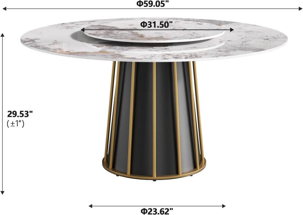 Montary 59" Modern Artificial Marble Round Dining Table with Metal Iron Base & 31.5" White Sintered Stone Turntable, Dining Room Table with Lazy Susan for 6-8 (Only Table)