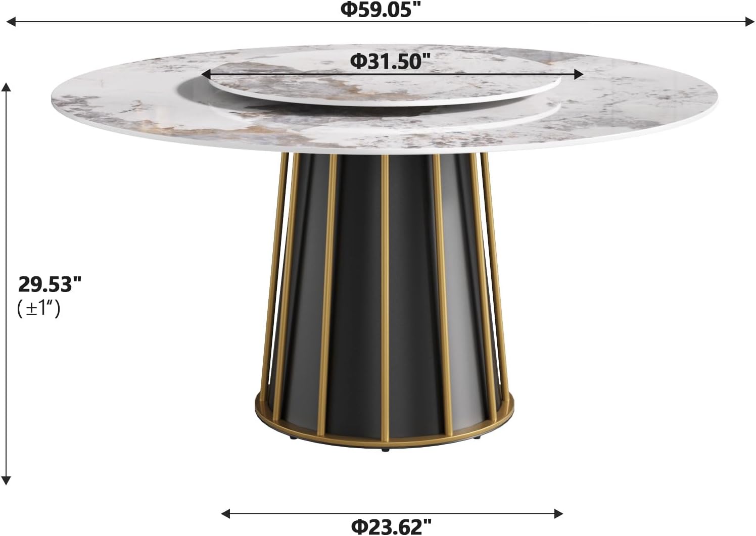 Montary 59" Modern Artificial Marble Round Dining Table with Metal Iron Base & 31.5" White Sintered Stone Turntable, Dining Room Table with Lazy Susan for 6-8 (Only Table)