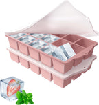 Silicone Ice Cube Tray, 2 Pack Easy-Release Stackable Ice Trays for Freezer with Lid 15 Reusable Cubes, Food Grade BPA Free Ice Molds for Whiskey, Baby Food, Coffee, Cocktail, Drinks (Pink)