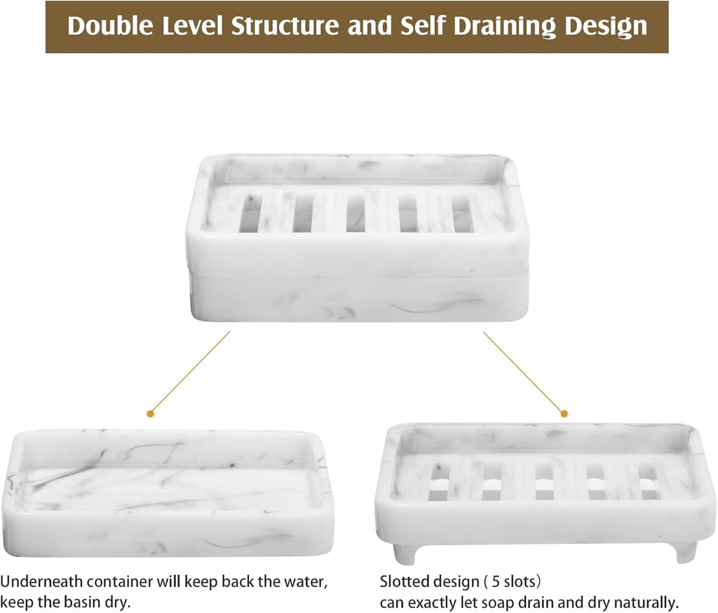 Shinowa Resin Soap Dish, Self-Draining Bar Soap Tray with Drainable Board, Dual Layer Sponge Holder for Bathroom Kitchen Shower Bathtub Sink Counter-top, Marble White