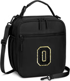 Initial Insulated Lunch Bag for Boys Kids, Back to School Gift, Reusable Leak-proof Lunch Box with Adjustable Strap for School Daycare Travel Picnic（Black，O）