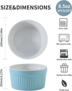 Hasense Ramekins Oven Safe, 8 oz Creme Brulee Ramekins Set of 2, Microwave & Dishwasher Safe Souffle Baking Cups for Pudding, Ice Cream, Custard, Dessert Bowls Porcelain, Sky Blue