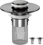 Sink Stopper Hair Catcher, Pop-up Sink Drain Strainer with Removable Stainless Steel Strainer Basket Hair Catcher, Bathroom Sink Strainer for Bathroom Sink Stopper Replacement (Matte Black)