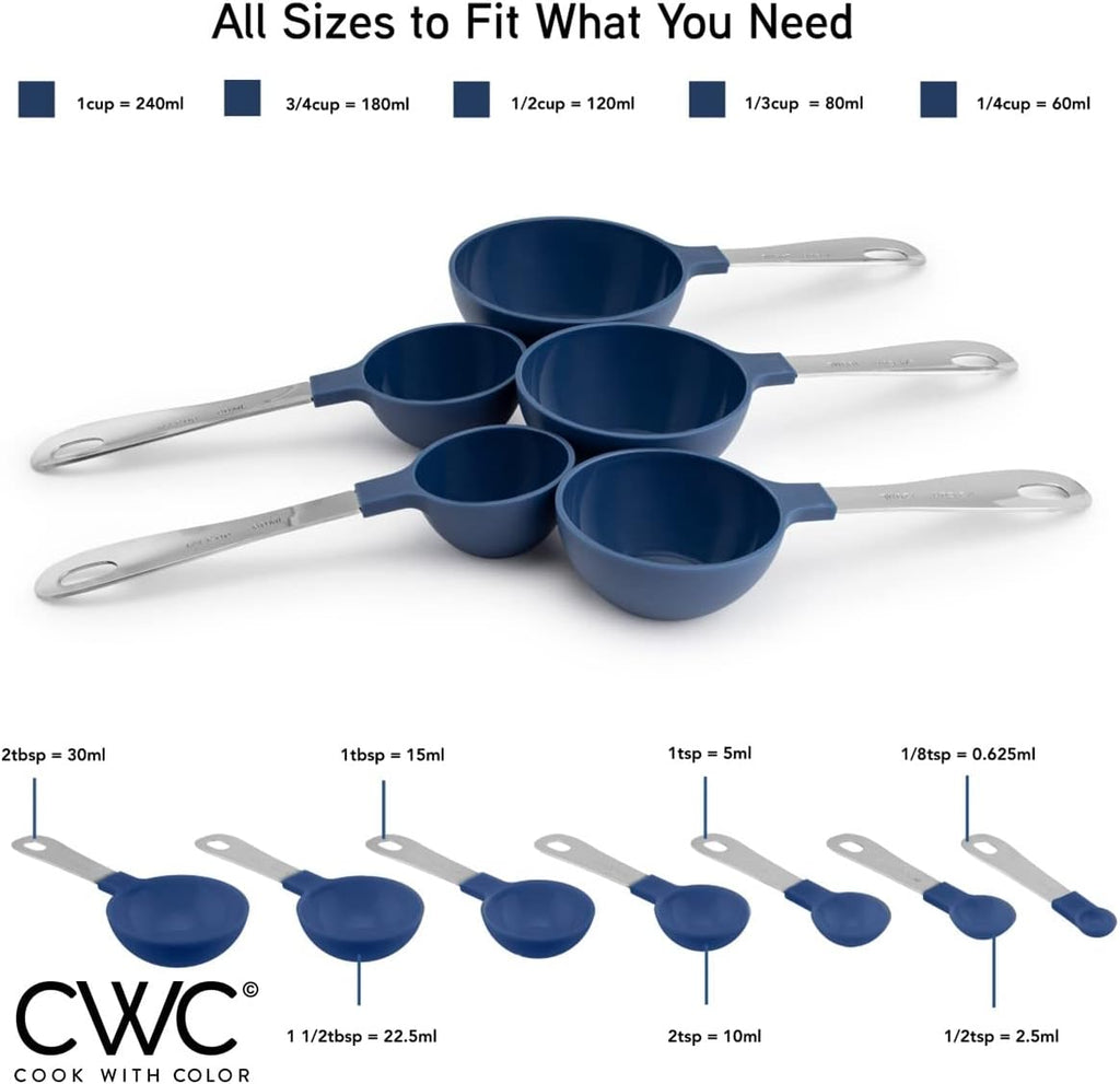 COOK WITH COLOR Measuring Cups Set and Measuring Spoon Set, Stainless Steel Handles, Nesting Kitchen Measuring Set, Liquid Measuring Cup Set, 12 PC Stainless Steel, Navy