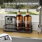 Moforoco Kitchen Dish Soap Dispenser Set, 16OZ Glass Bottle, Hand and Dish Soap Dispenser Set, Instant Dry Tray, Non-Slip Silicone Pad, Brush Holder with Sponge Holder, Kitchen Decor（Amber Bottle）