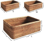 Natural Rattan Storage Baskets Set of 3 natural rattan Rectangular braided wicker box,fruit basket wicker basket, baskets for Organizing Container Bins for Shelves Cupboards Drawer