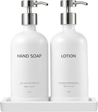Glass Kitchen Soap Dispenser Set with Ceramic Tray,16.9 floz Hand and Dish Soap Dispenser for Kitchen and Bathroom Decor (White + Silver(Lotion))