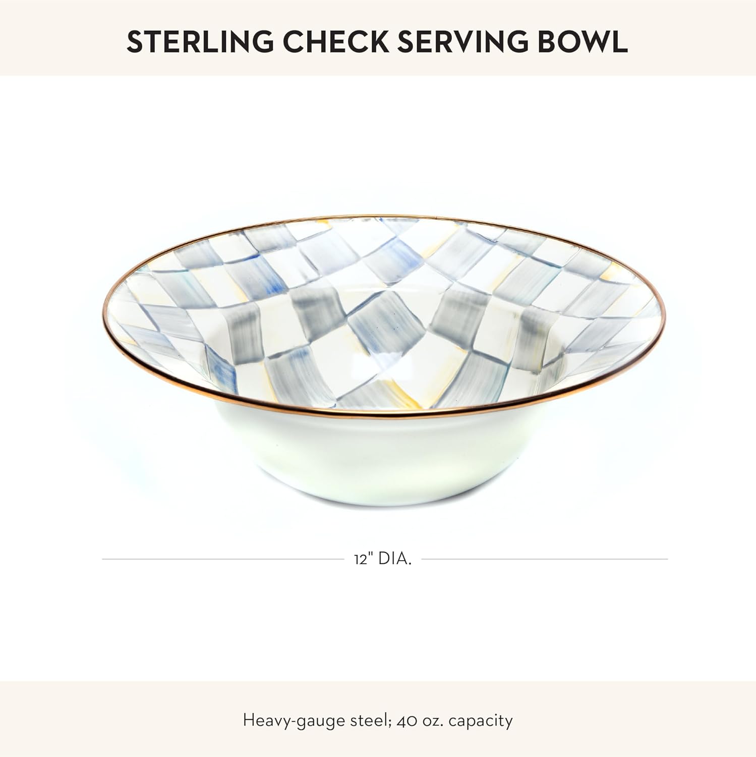 MACKENZIE-CHILDS Enamel Serving Bowl, Enamel Serveware Bowl, 12 Inches, Gray-and-White Sterling Check