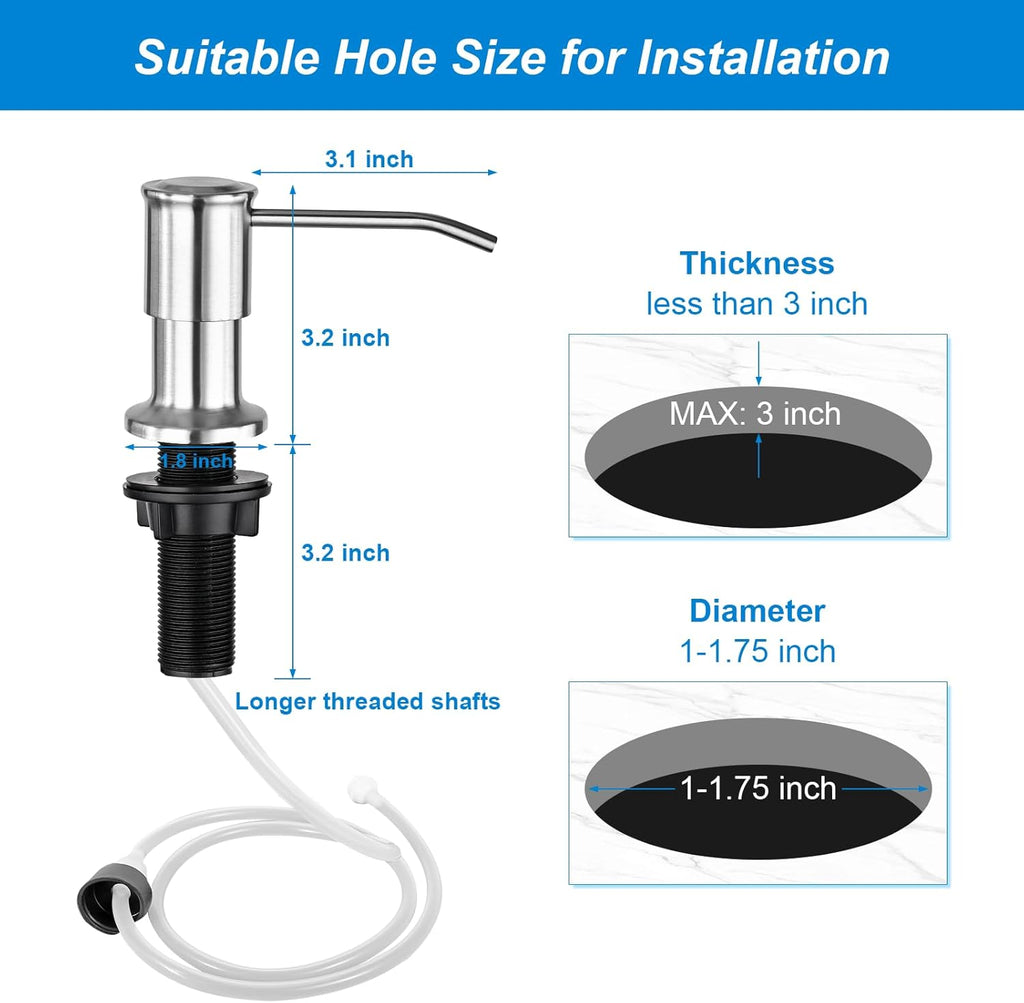 Soap Dispenser for Kitchen Sink, Upgrade Built in Sink Soap Dispenser Brushed Nickel, Countertop Sink Soap Dispenser Pump with 47" Extension Tube kit, No Need More Refills