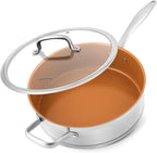 Ceramic Saute Pan with Lid, 5.5QT Nonstick Frying Pan without PFAS, PTFE, or PFOA, Stainless Steel Base Deep Skillet for All Cooktops, Oven & Dishwasher Compatible