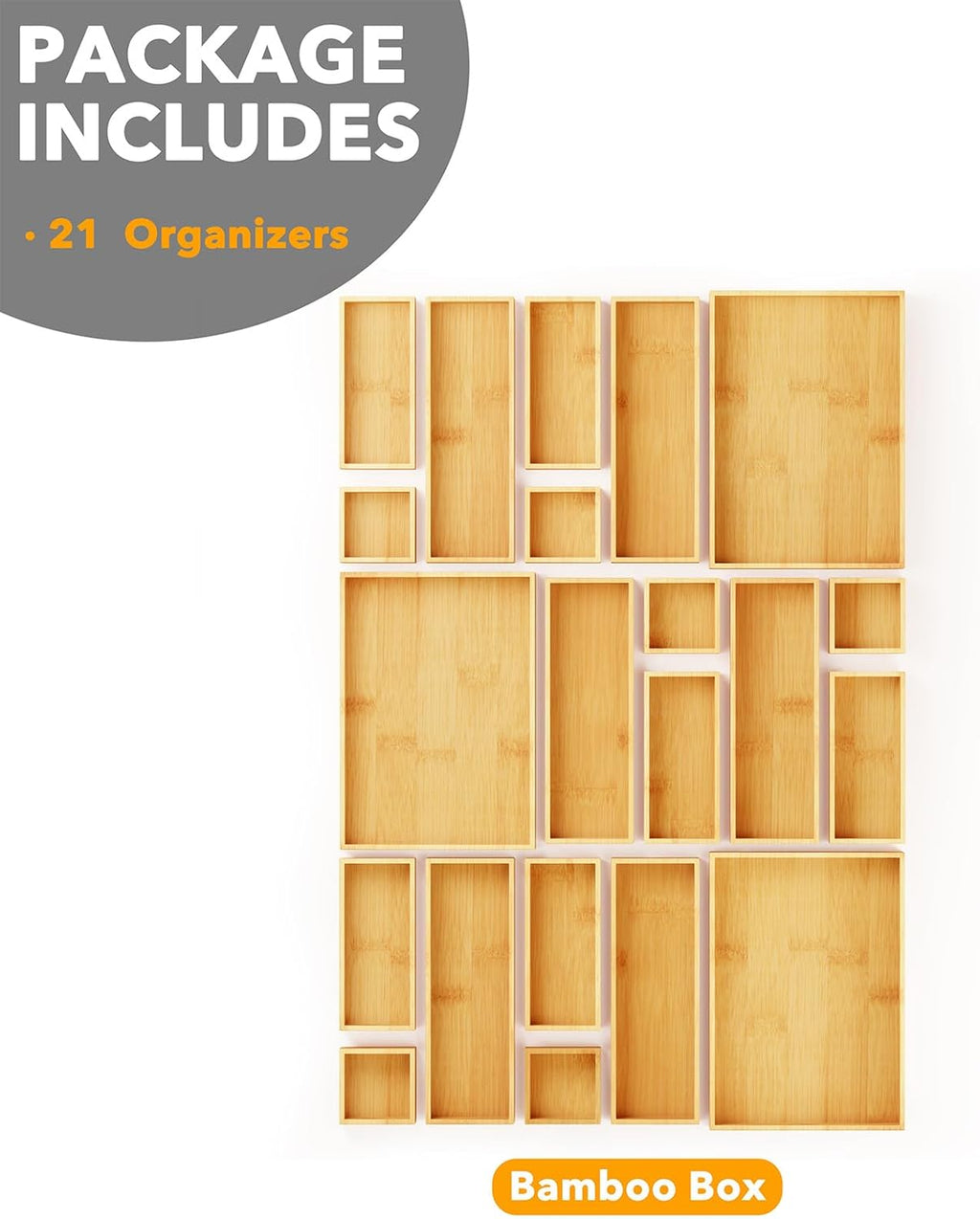 SpaceAid 21-Piece Bamboo Drawer Organizer Storage Boxes Set, Wood Tray Junk Drawer Organizers Multi-Use Divider Bins for Kitchen, Bathroom, Office Desk and Makeup Organization (21 Pack, Natural)