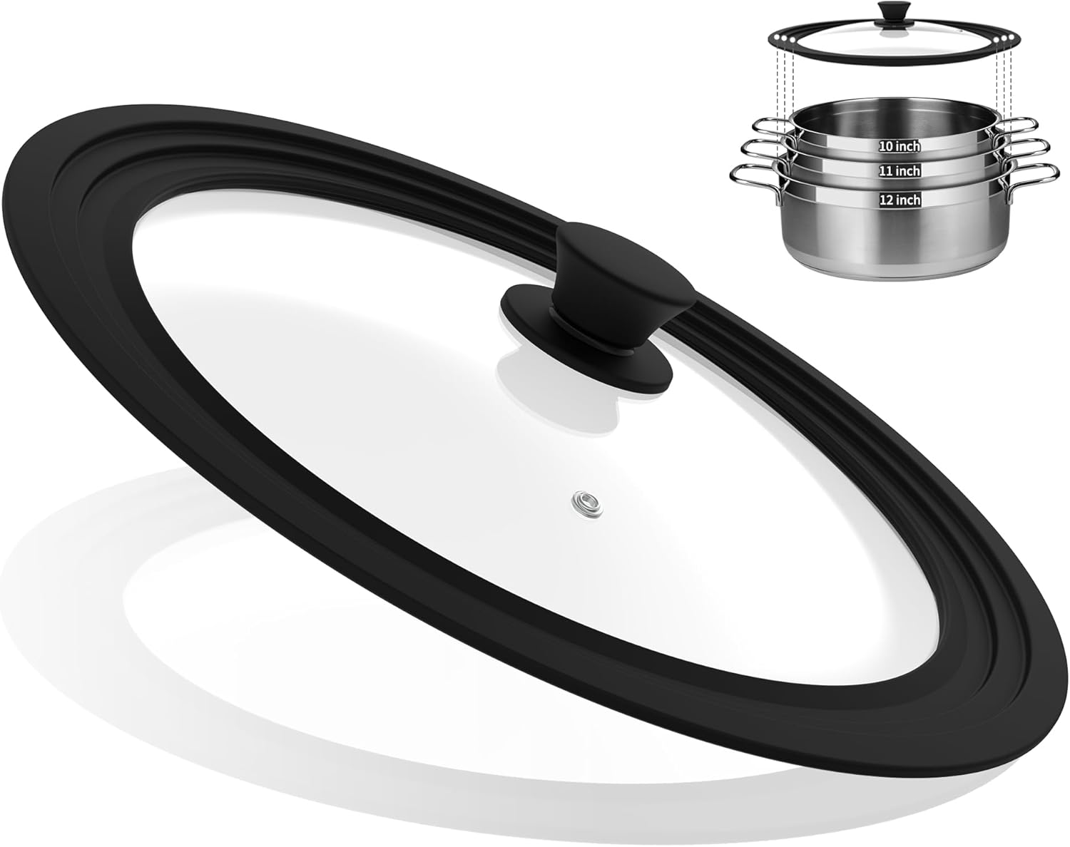 Universal Lid for Pots, Pans and Skillets Vented Tempered Glass with Heat Resistant Silicone Rim, Fits 10 inch, 11 inch, 12 inch Cookware, Replacement Lid, Black