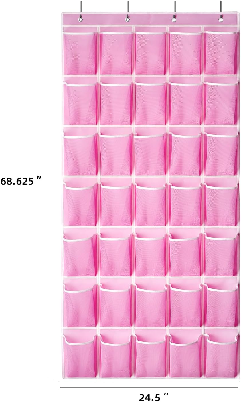 35 Pockets Over the Door Shoe Organizer, Hanging Shoe Organizer for Door with 35 Mesh Pockets Large Capacity Shoe Hanging Storage Bag with 4 Metal Hooks (Pink-1Pack)