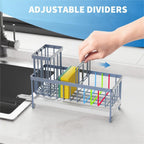 Cisily Blue Gray Sponge Holder for Kitchen Sink, Sink Caddy Organizer with High Brush Holder, Kitchen Countertop Organizers and Storage Essentials, Rustproof 304 Stainless Steel, Soap Dispenser