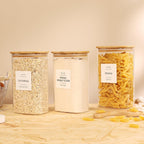 3 Pack Square Glass Pantry Storage Containers with 132 Kitchen Food Pantry Labels - 51 floz Clear Glass Pantry Jars with Airtight Wood Bamboo Lids - Glass Canisters for Candy, Cereal, Coffee, Spice