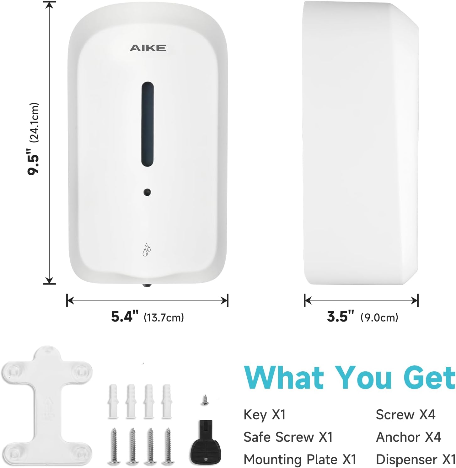 AIKE 33.8oz Automatic Wall Mount Liquid Soap Dispenser with Commercial ABS Construction, Model AK1226S(White)