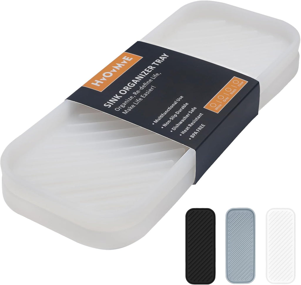 Silicone Organizer Tray, Soap and Sponge Holder for Kitchen Sink, Bathroom - Storage Tray for Dish Brush, Soap Dispenser, Dishwashing Accessories- 2 Pack (Clear)