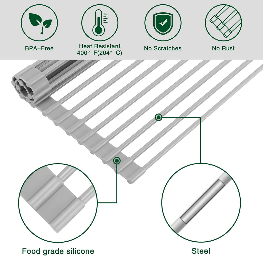 Roll Up Dish Drying Rack Over The Sink Kitchen Roll Up Sink Drying Rack Multipurpose Foldable Sink Drying Mat, Heat-Resistant, Anti-Slip & Anti-Rust Dish Rack for Kitchen, 20.5" x 13", Grey