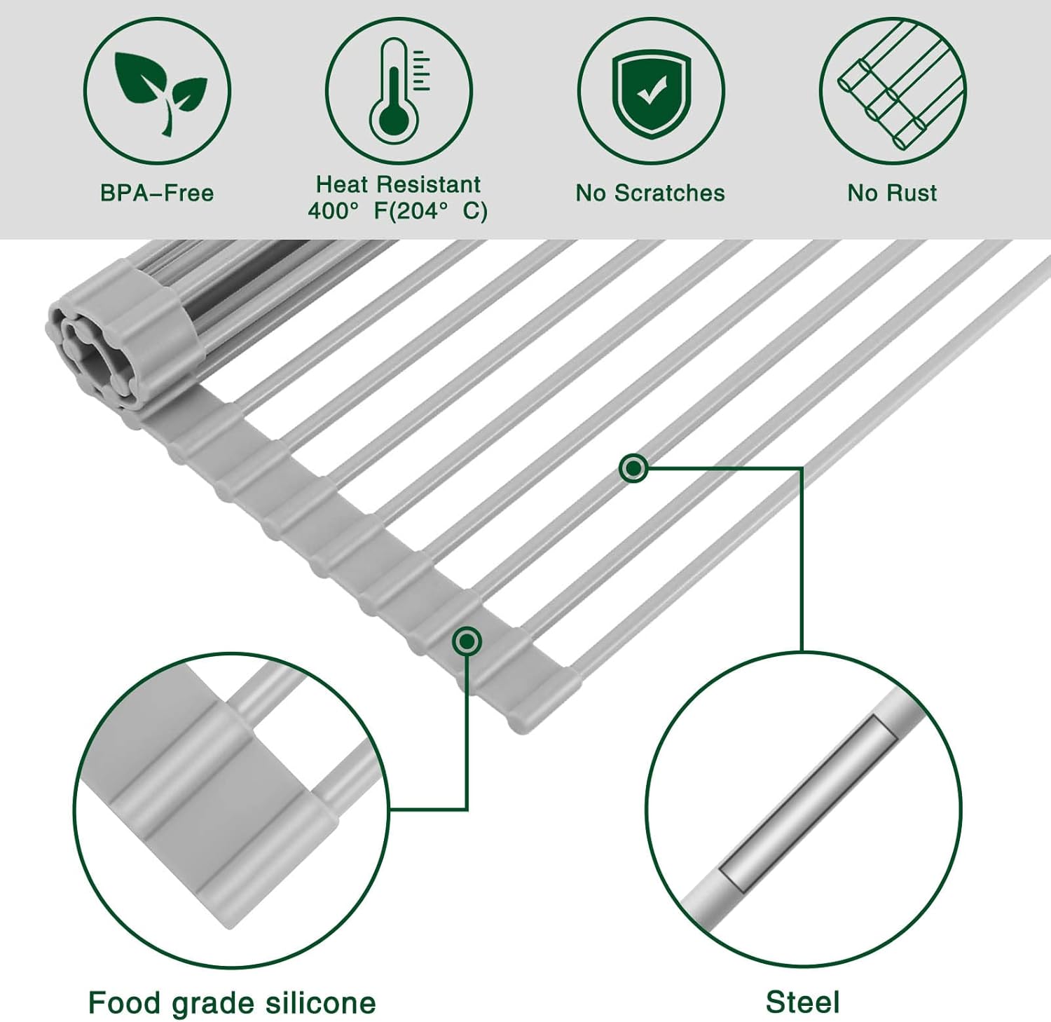 Roll Up Dish Drying Rack Over The Sink Kitchen Roll Up Sink Drying Rack Multipurpose Foldable Sink Drying Mat, Heat-Resistant, Anti-Slip & Anti-Rust Dish Rack for Kitchen, 20.5" x 13", Grey