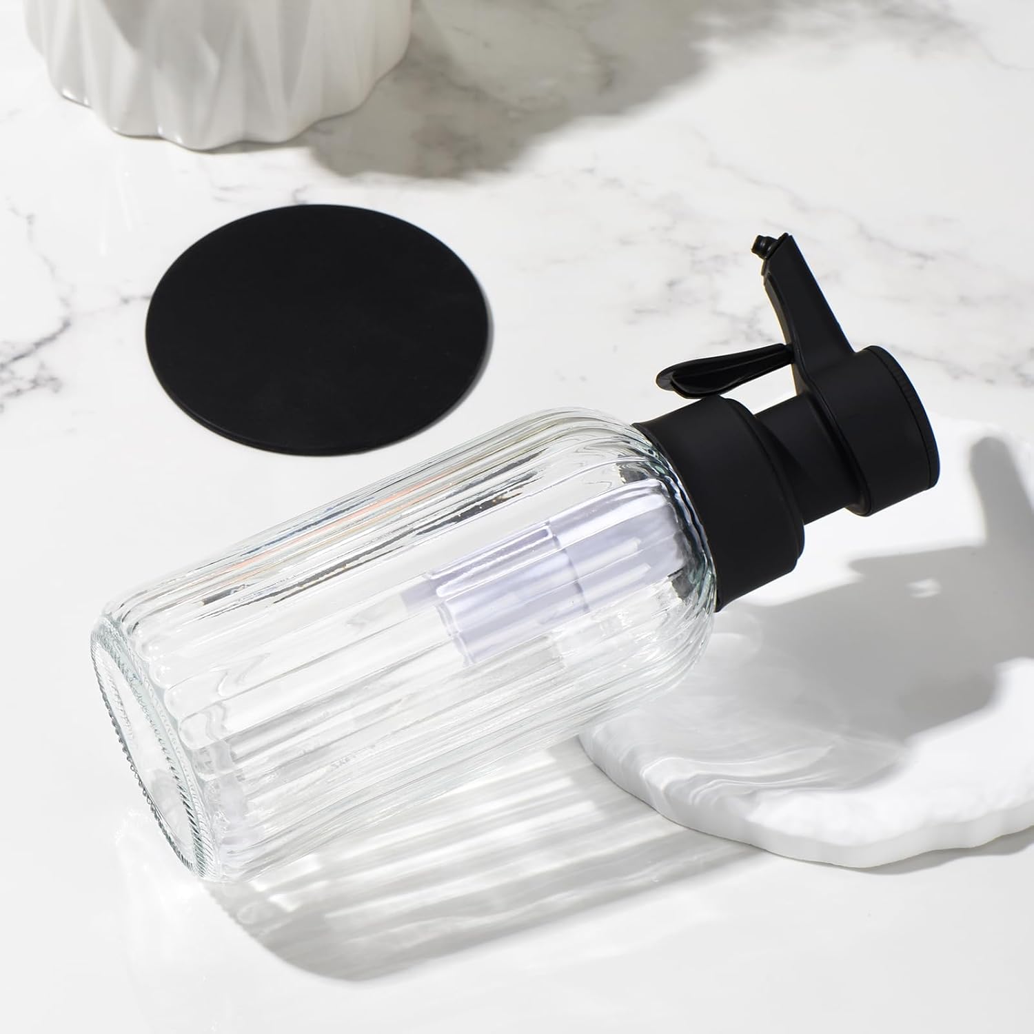 Automatic Foaming Soap Dispenser, 17oz Clear Glass Hand Soap Dispenser with ABS Touch Sensor Pump Battery Operated, Dish/Hand Soap Refillable for Bathroom Kitchen (Black)
