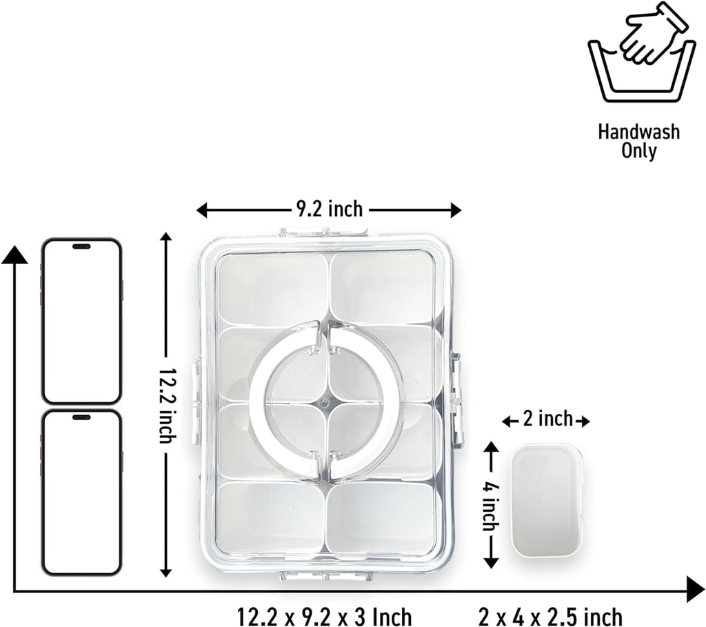 Divided Serving Tray with Lid and Handle,8 Compartments Snacks Box,Snack Fruit and Veggie Tray,Portable Platter for Candy Fruits Nuts Snack Party Entertaining Picnic (1 PCS)