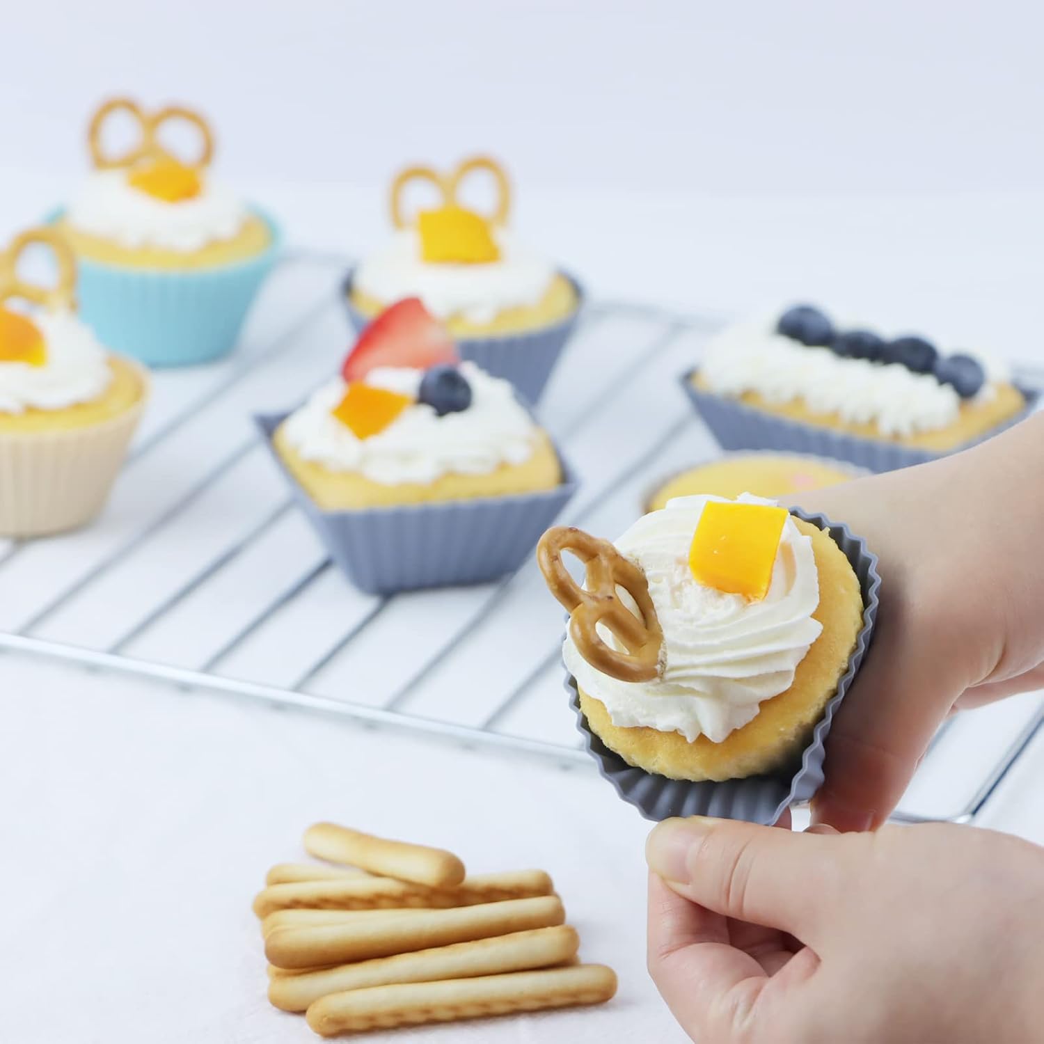 36-Pack Silicone Cupcake Liners, Reusable Muffin Cups – Round, Square & Rectangle Baking Cups, Non-Stick, Easy to Clean, Bento Box Accessories, Lunch Box Dividers for Kids(36 Liners + 20 Animal Picks)