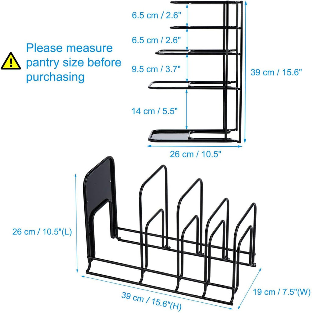 Toplife Heavy Duty Pan Organizer, 5 Tier Pot and Pan Organizer Rack for Cast Iron Skillets, Griddles and Pots - Sturdy Steel Construction- No Assembly Required - Black