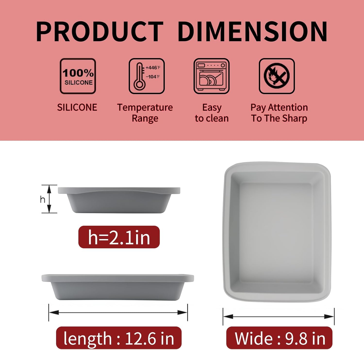 Silicone Baking Mold, Detroit Style Pizza Pan, Rectangular Baking Dish with Handles, Compatible with Fancy Panz, for Lasagna, Cake, Brownie or Family Dinner, 12.6 x 9.8 x 2.1 Inch (2 Pack, Grey)