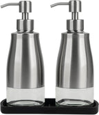 Gaussra Kitchen Soap Dispenser Set with Silicone Tray and Stickers - Brushed Nickel, Stainless Steel Glass Soap Dispenser Bathroom, Refillable Hand Dish Soap Dispenser for Kitchen Sink