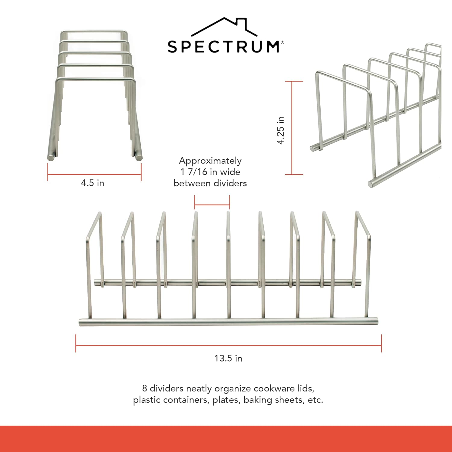 Spectrum Euro Cutting Board Holder Stand for Countertop or Inside Kitchen Cabinet Organization Satin Nickel, 8 Slot Cutting Board Drying Rack or Cabinet Plate Bakeware Storage Organizer