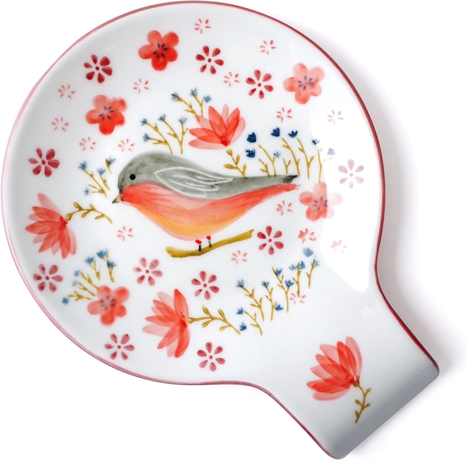 Hand Painted Spoon Rest, 5.5" Ceramic Spoon Holder for Stove Top and Kitchen Counter, Red Spring Bird Utensil Rest, Great Cooking Gifts for Bird Lover/Friend, Modern Kitchen Decorative